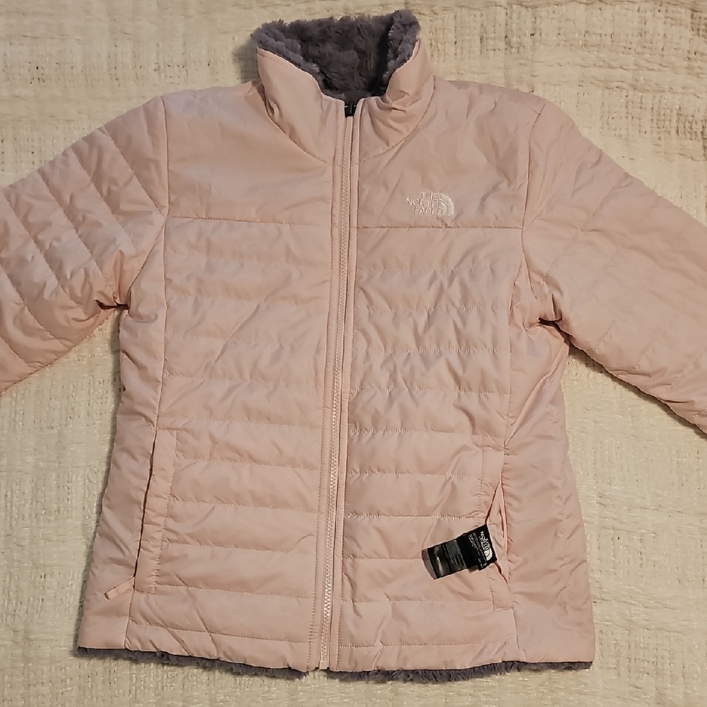 The North Face Girls Reversible Pink Quilted Jacket Gray Fleece L 14/16 NWOT